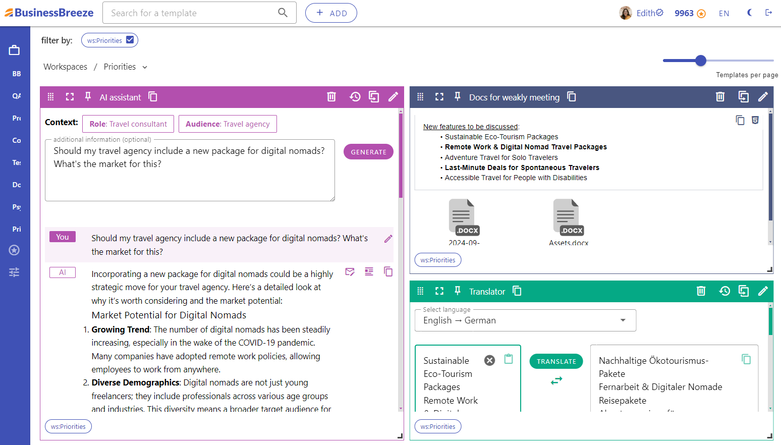 BusinessBreeze's dashboard